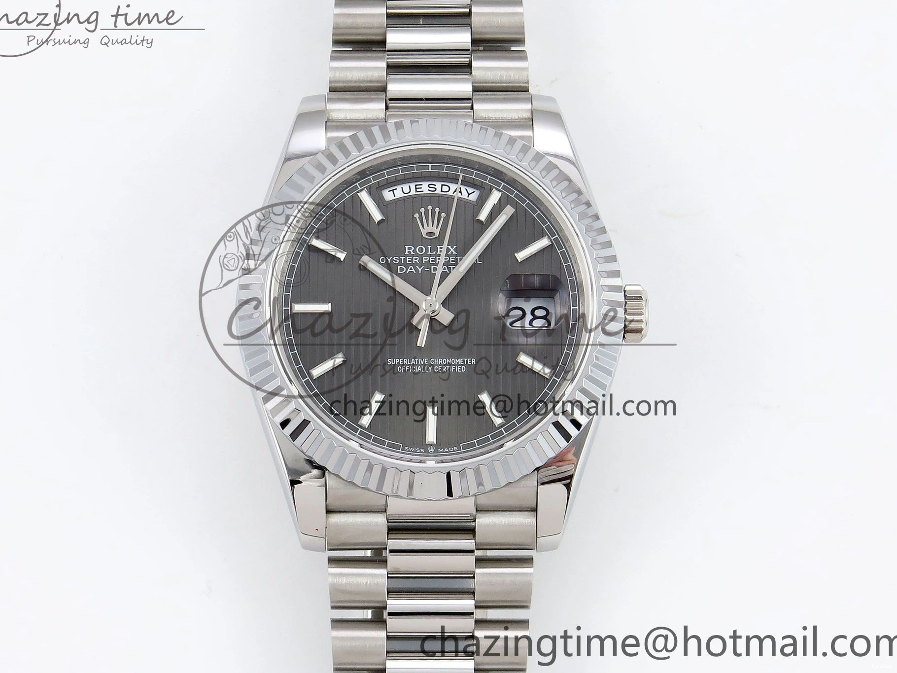 MiroTime 0418 SportInspired DayDate 40 SS JDF 904L Steel Gray Textured Stick Dial on President Bracelet VR3255 V3 (Gain Weight) 1437